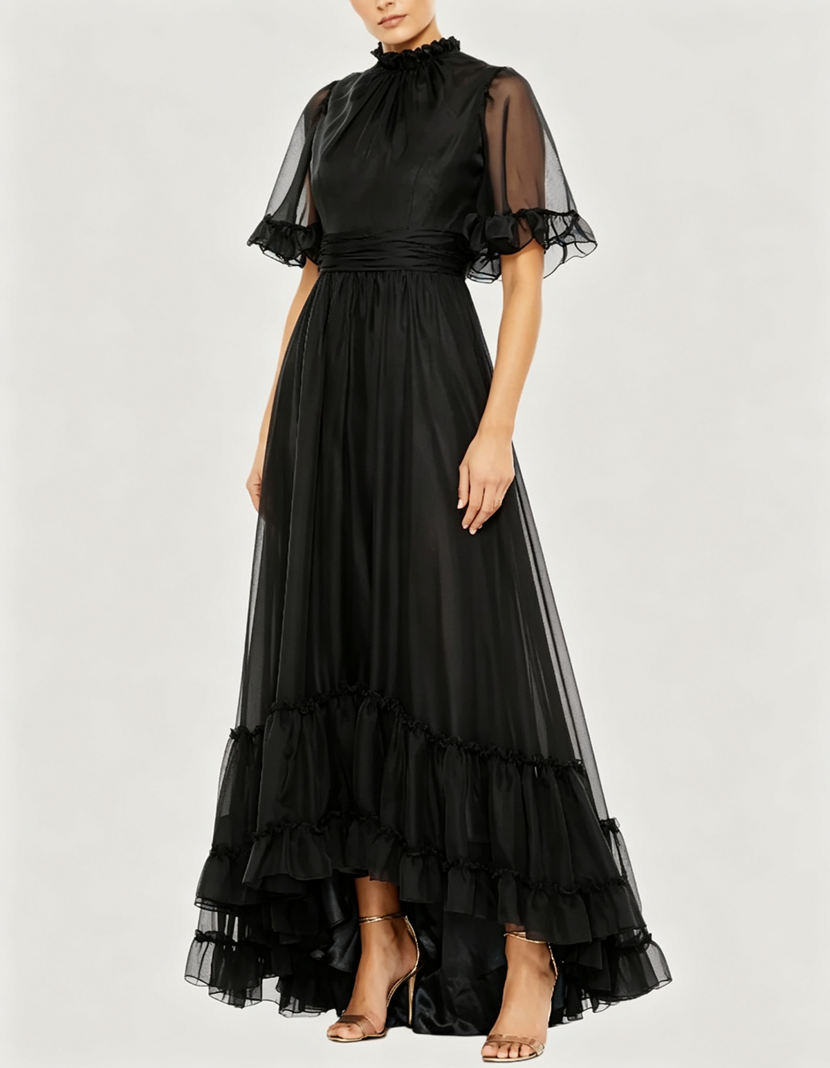 Ruffled High Neck Organza Maxi Dress