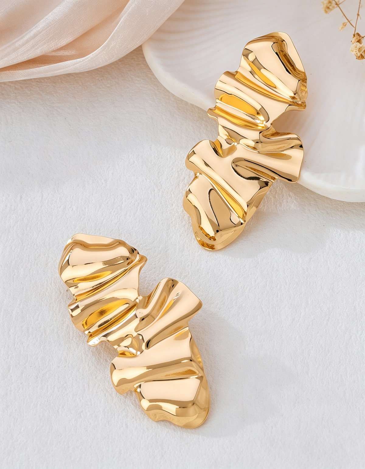 Gold Wavy Ruffle Statement Drop Earrings
