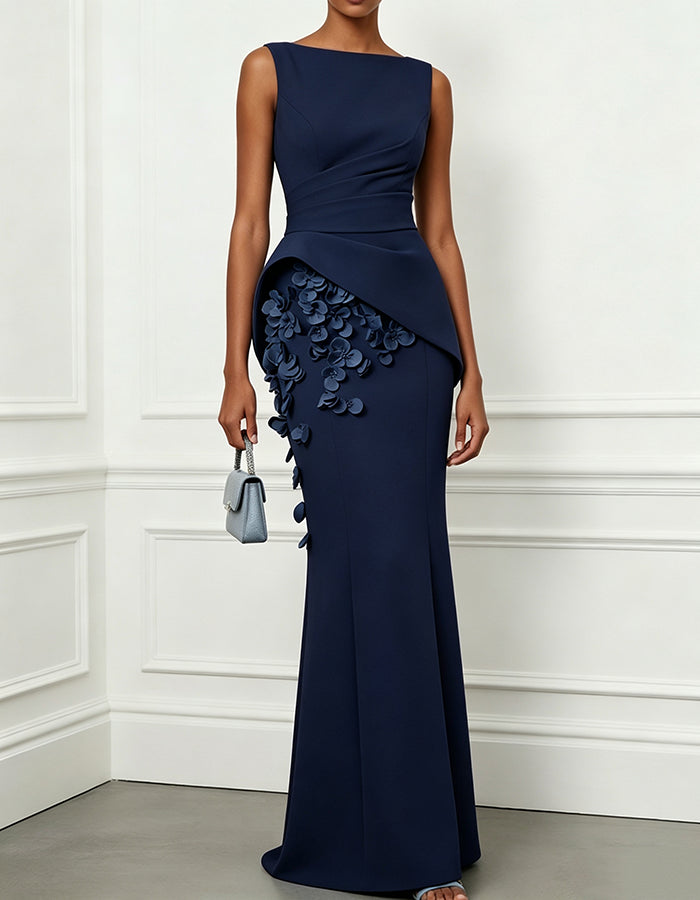 Sky Blue 3D Floral Appliqué Mermaid Maxi Dress