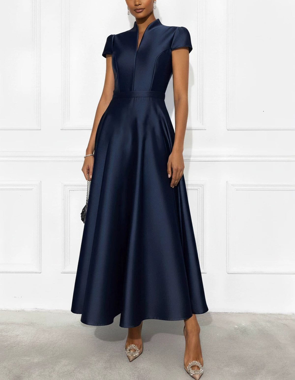 Solid Color Satin Mandarin Collar Midi Dress