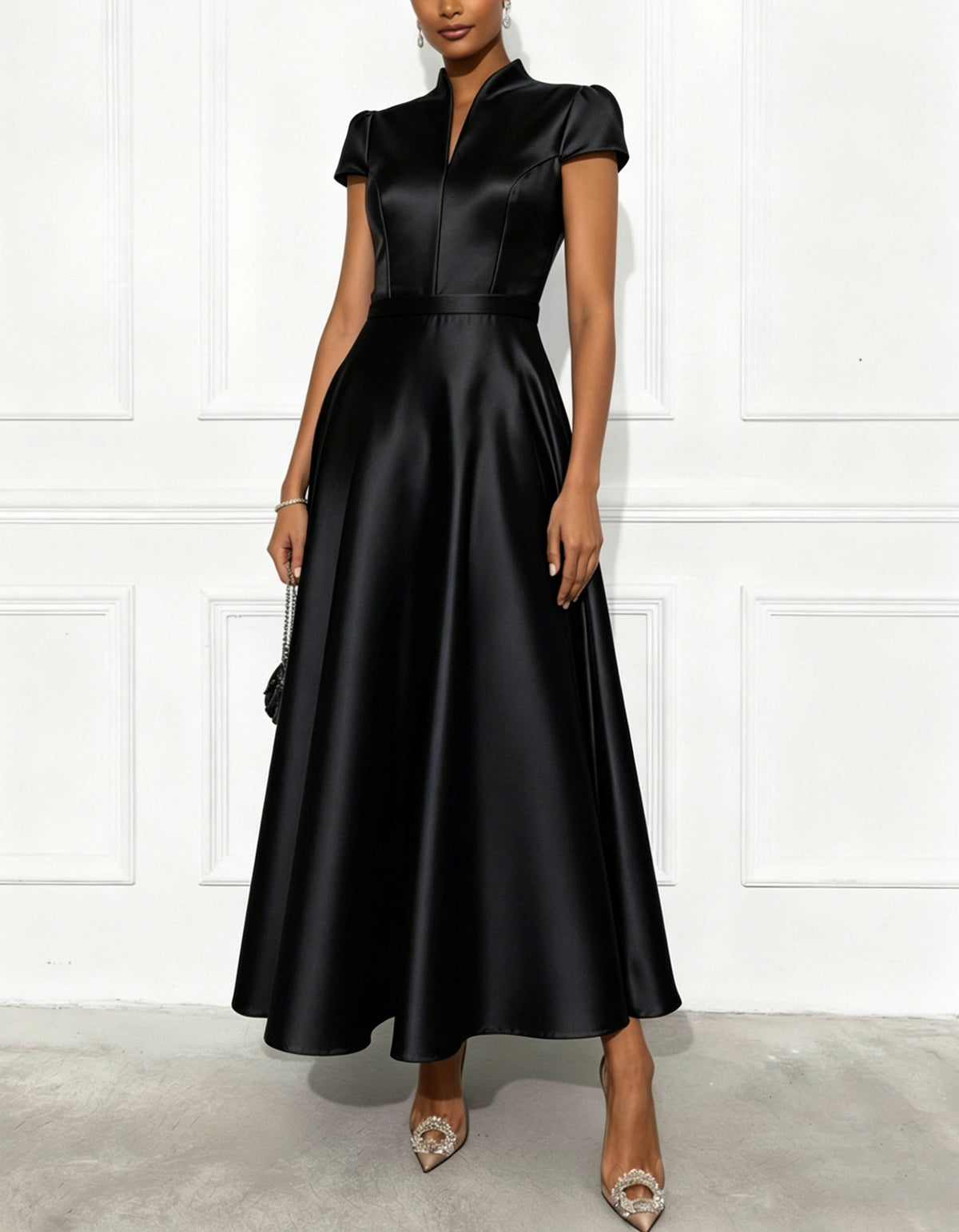 Solid Color Satin Mandarin Collar Midi Dress