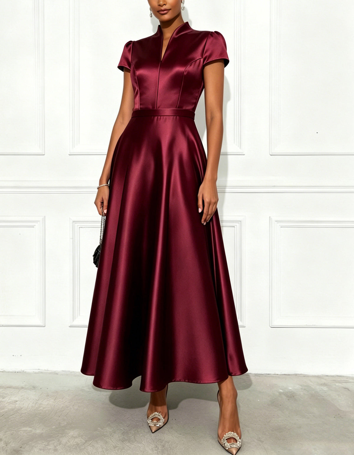 Solid Color Satin Mandarin Collar Midi Dress