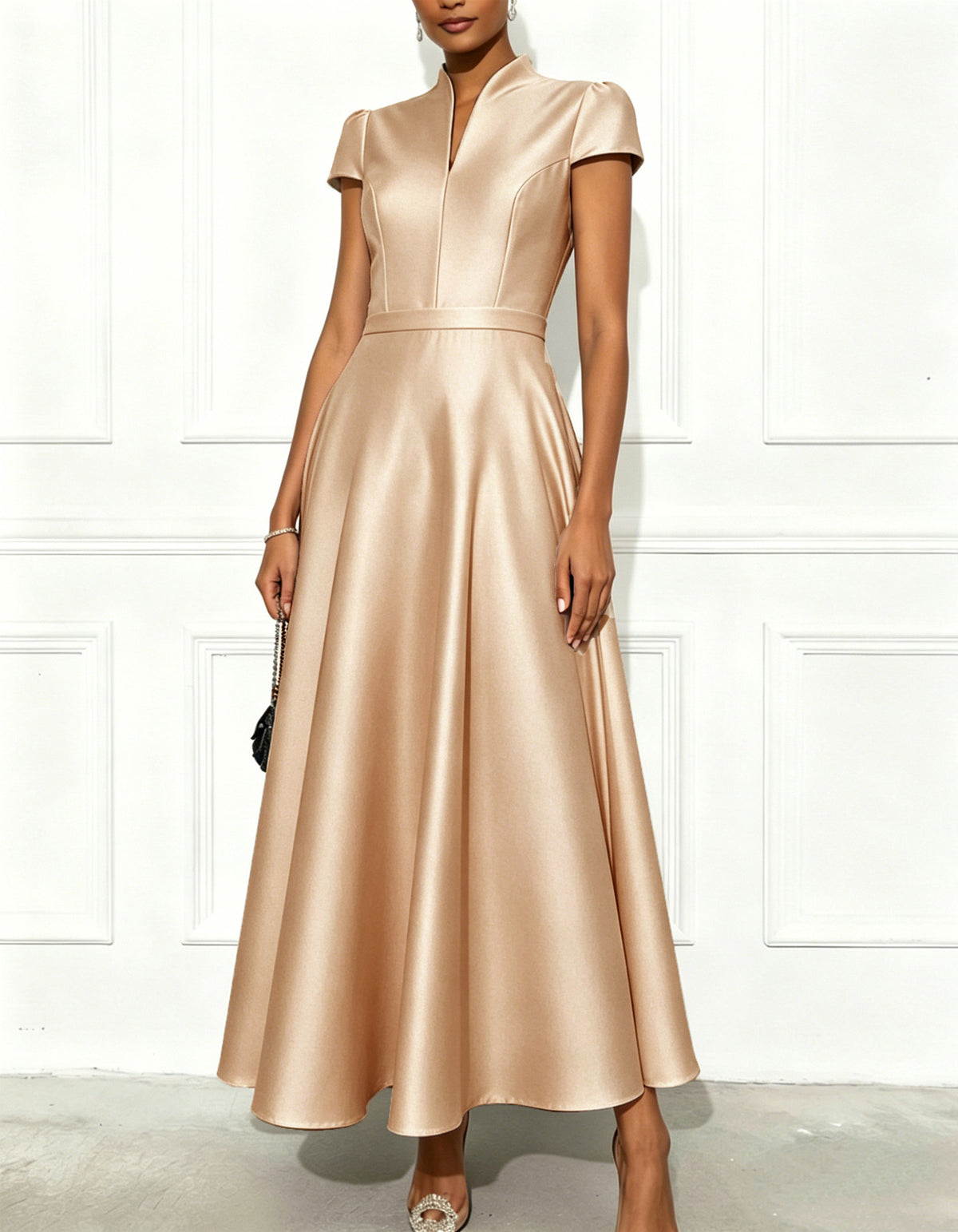 Solid Color Satin Mandarin Collar Midi Dress