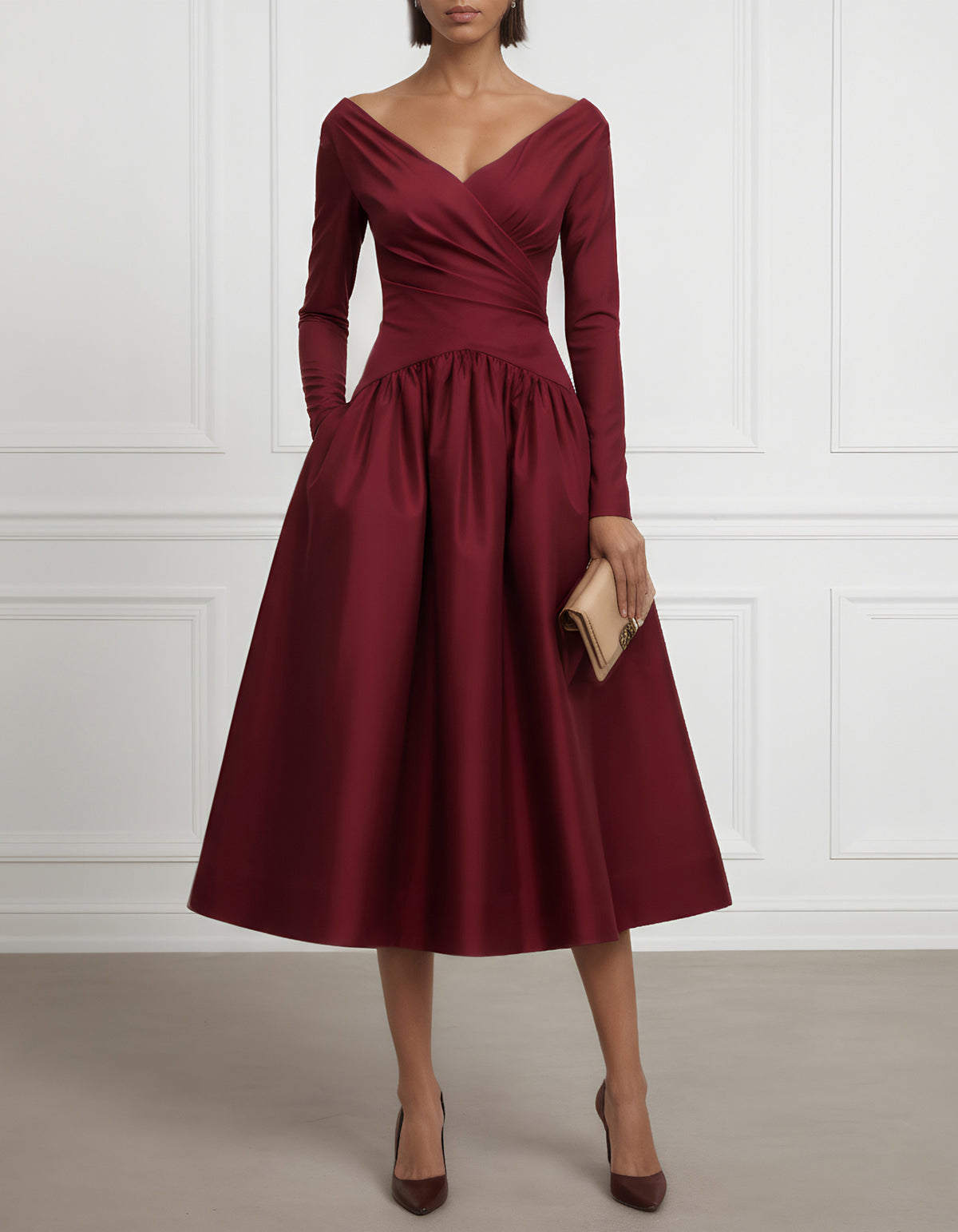 Solid Color V-Neck Satin Long Sleeve Midi Dress