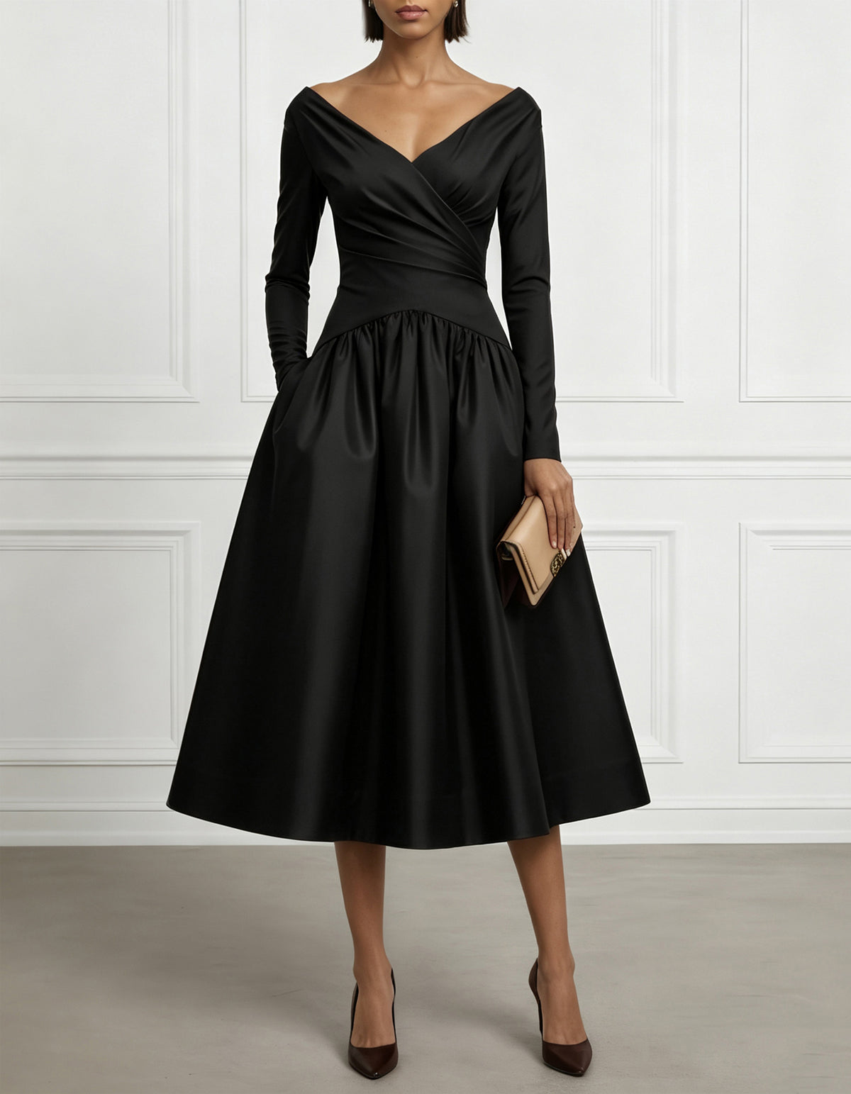 Solid Color V-Neck Satin Long Sleeve Midi Dress