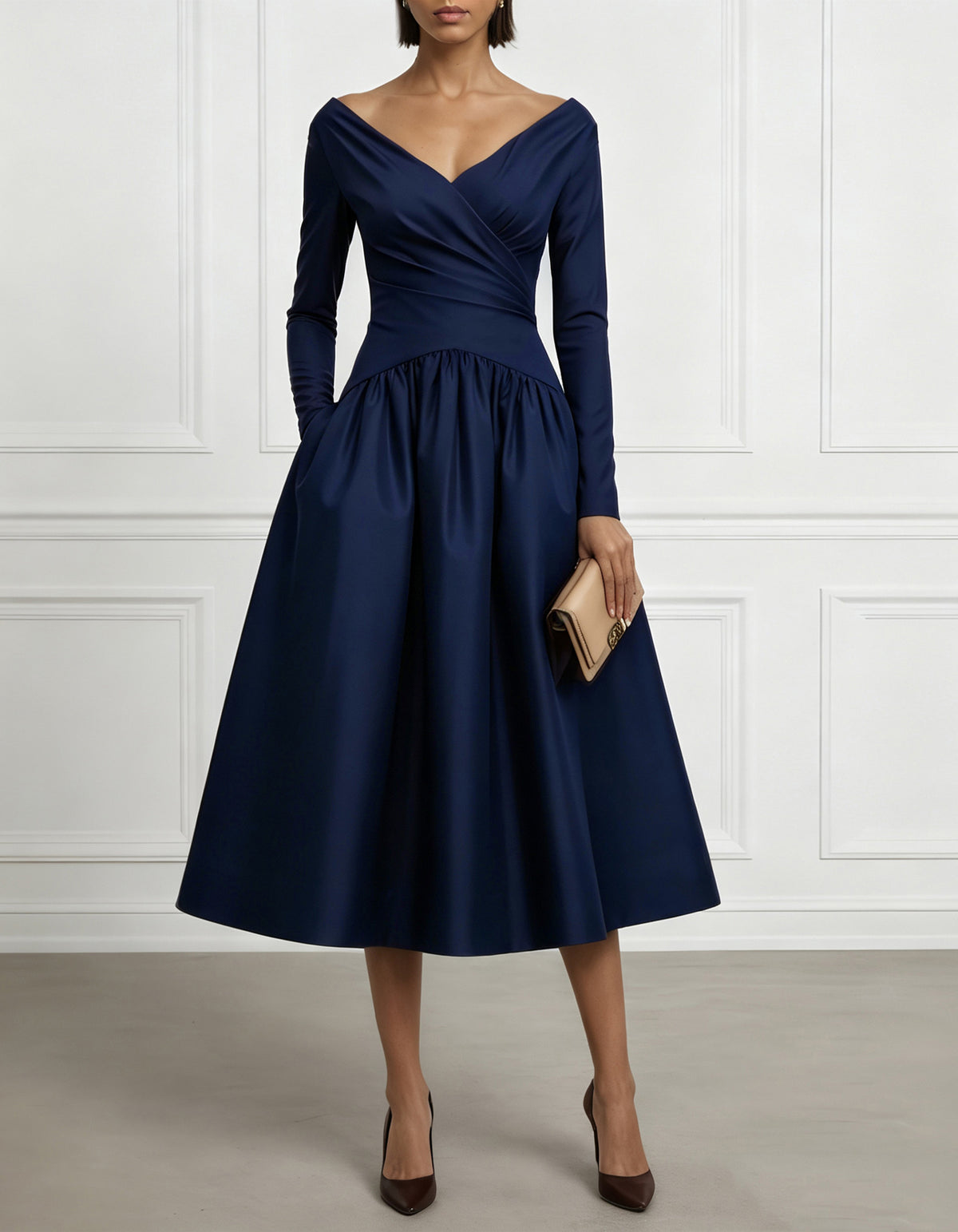 Solid Color V-Neck Satin Long Sleeve Midi Dress