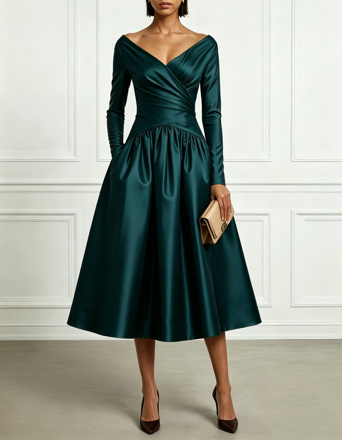 Solid Color V-Neck Satin Long Sleeve Midi Dress