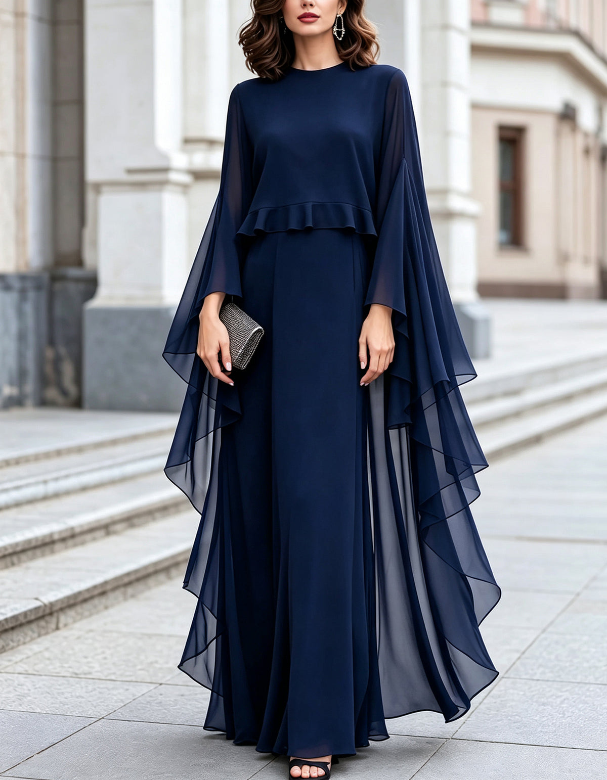 Chiffon Round Neck Cape Sleeve Ruffle Hem Maxi Dress