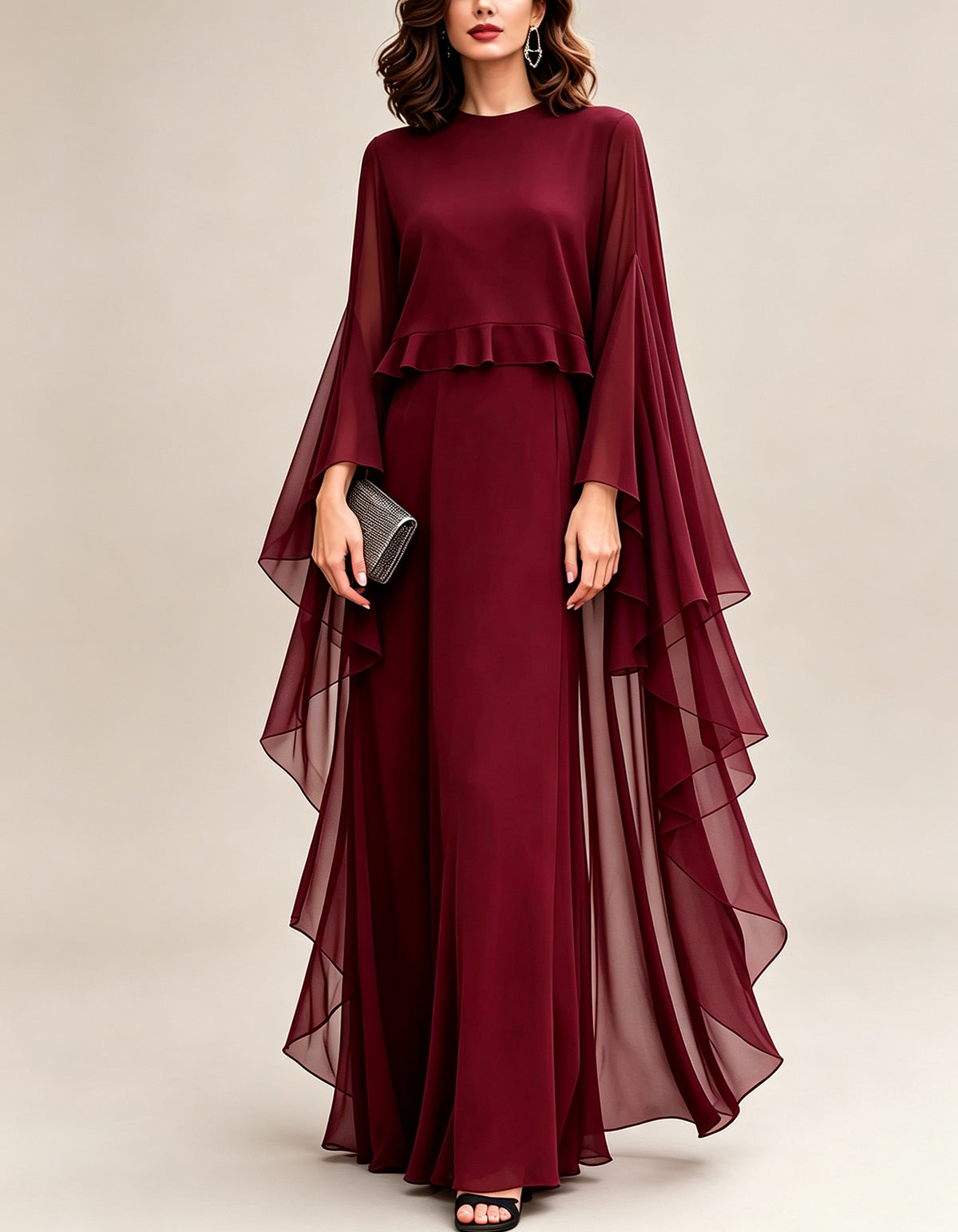 Chiffon Round Neck Cape Sleeve Ruffle Hem Maxi Dress