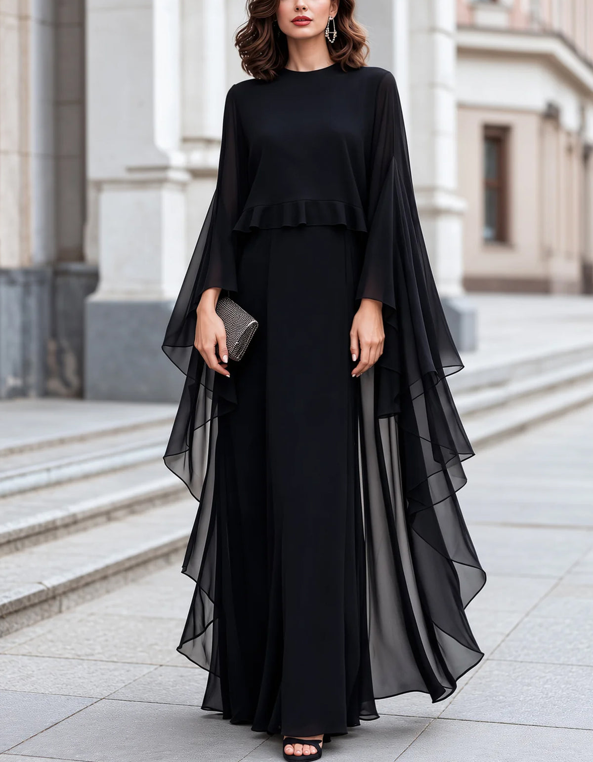 Chiffon Round Neck Cape Sleeve Ruffle Hem Maxi Dress