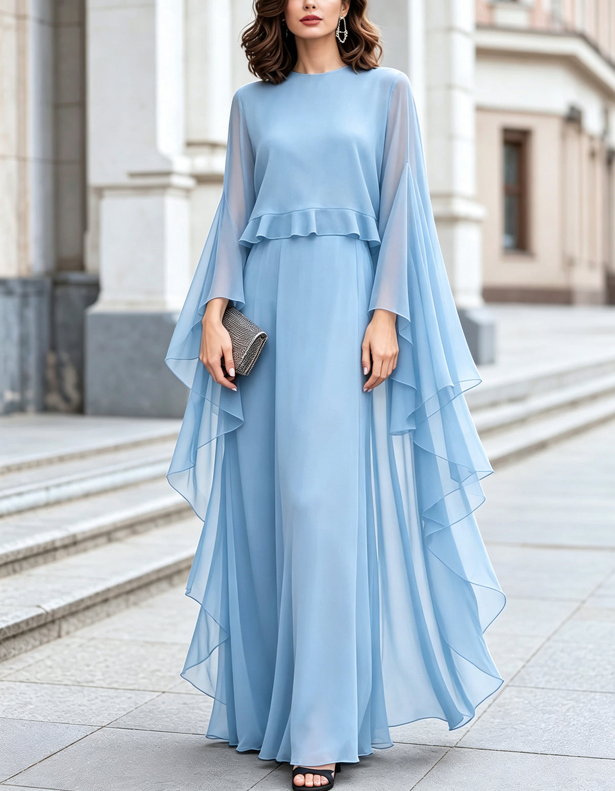 Chiffon Round Neck Cape Sleeve Ruffle Hem Maxi Dress