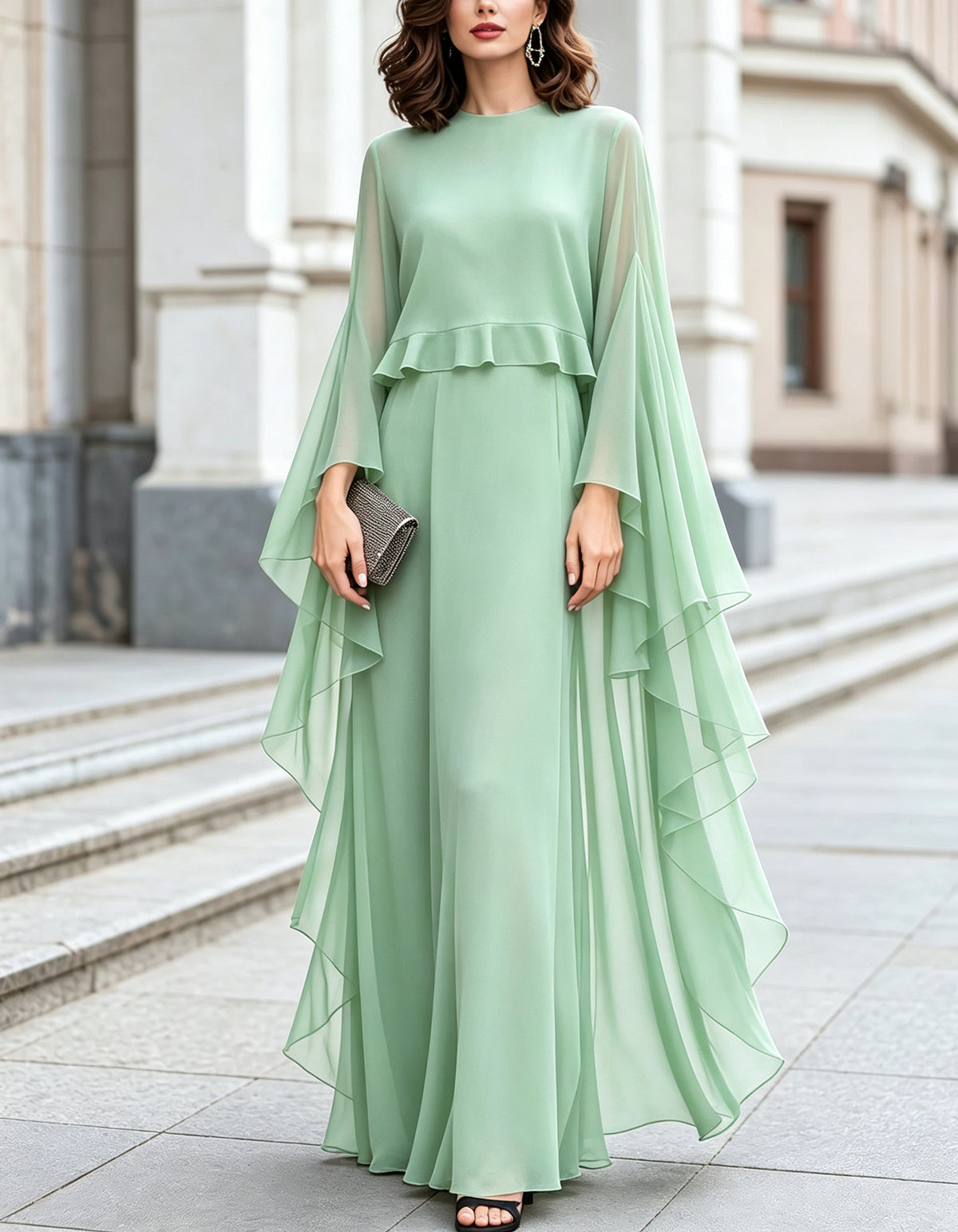 Chiffon Round Neck Cape Sleeve Ruffle Hem Maxi Dress