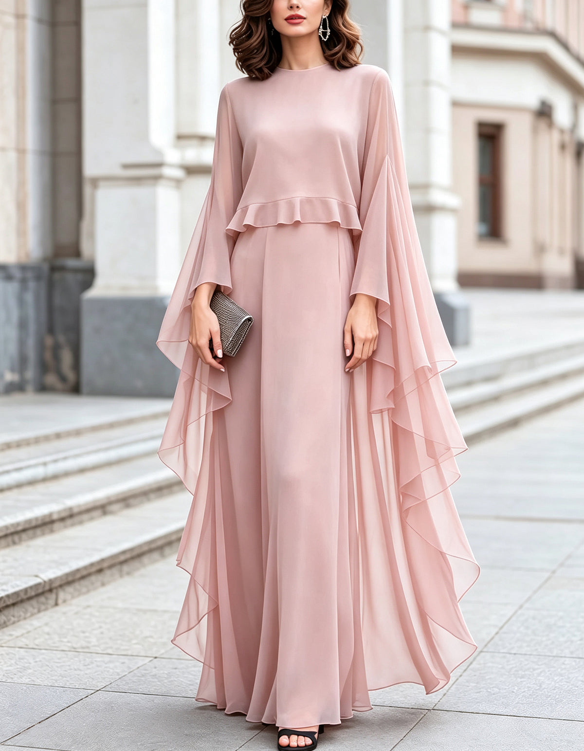 Chiffon Round Neck Cape Sleeve Ruffle Hem Maxi Dress