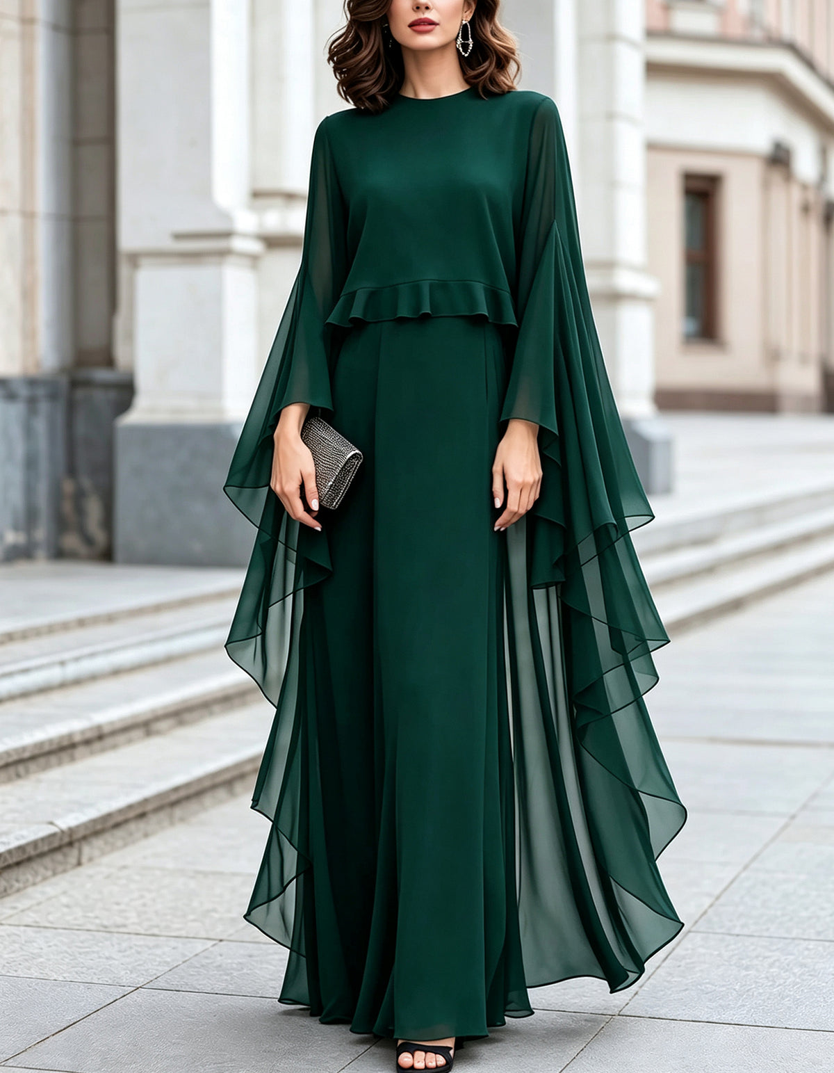 Chiffon Round Neck Cape Sleeve Ruffle Hem Maxi Dress