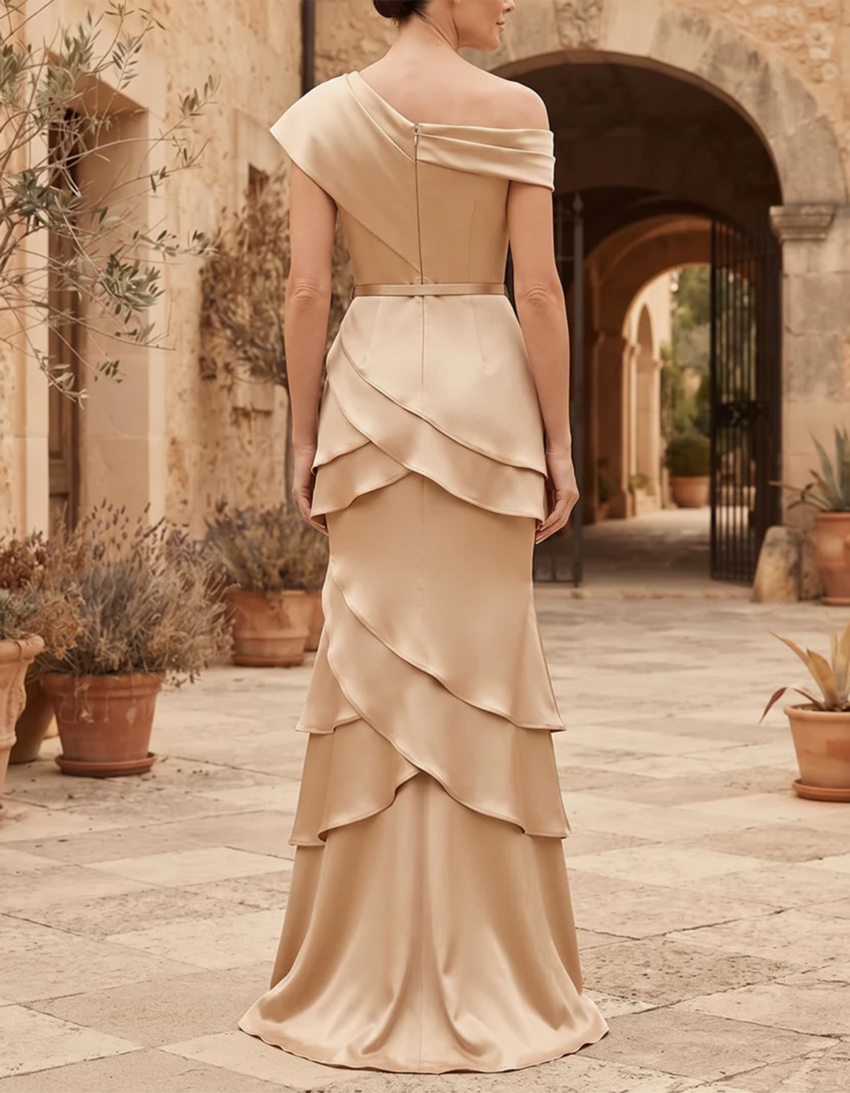Champagne Asymmetric Off-the-Shoulder Satin Mermaid Maxi Dress