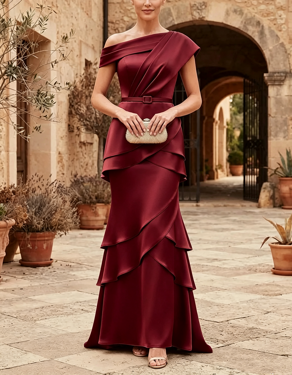 Champagne Asymmetric Off-the-Shoulder Satin Mermaid Maxi Dress