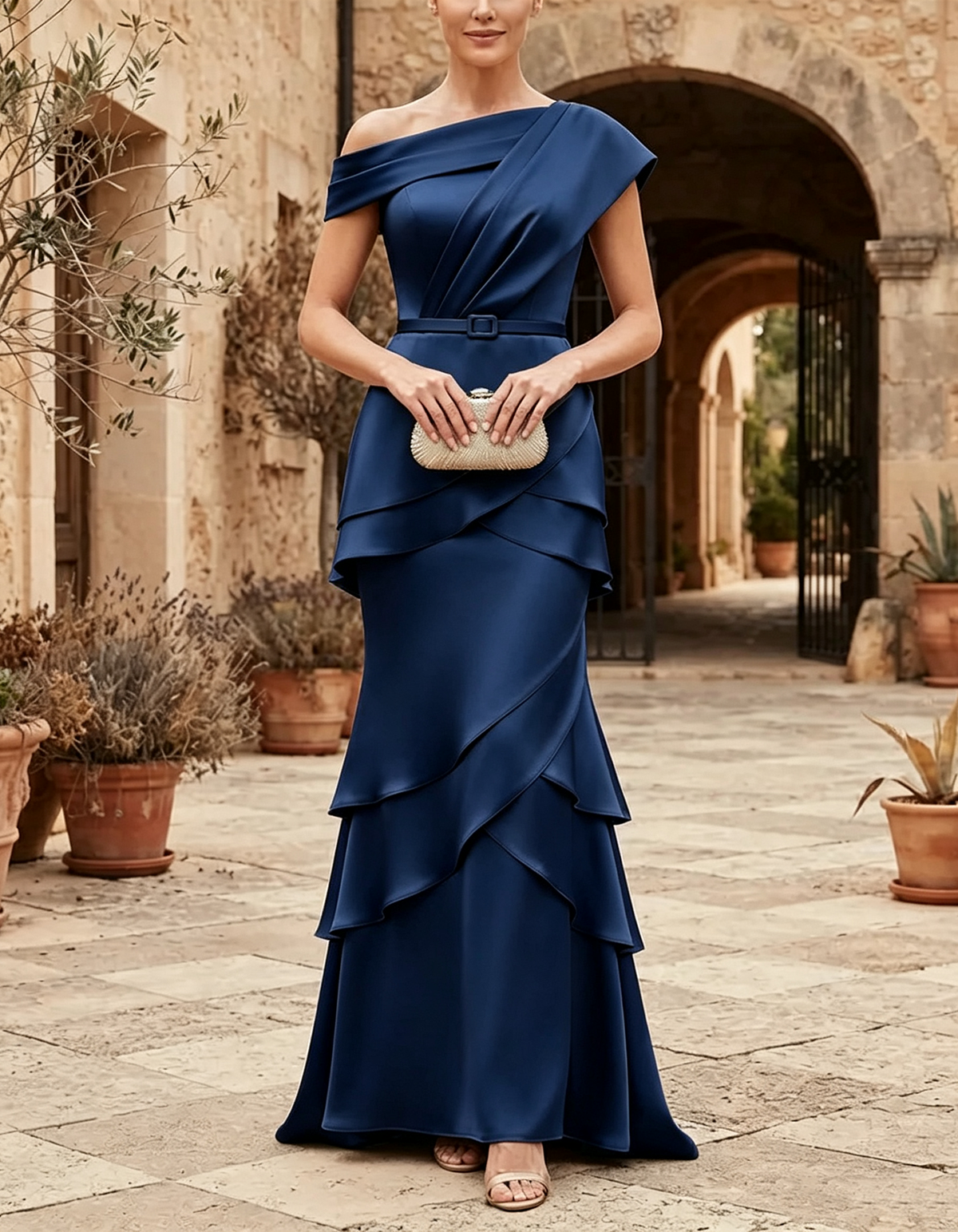 Champagne Asymmetric Off-the-Shoulder Satin Mermaid Maxi Dress
