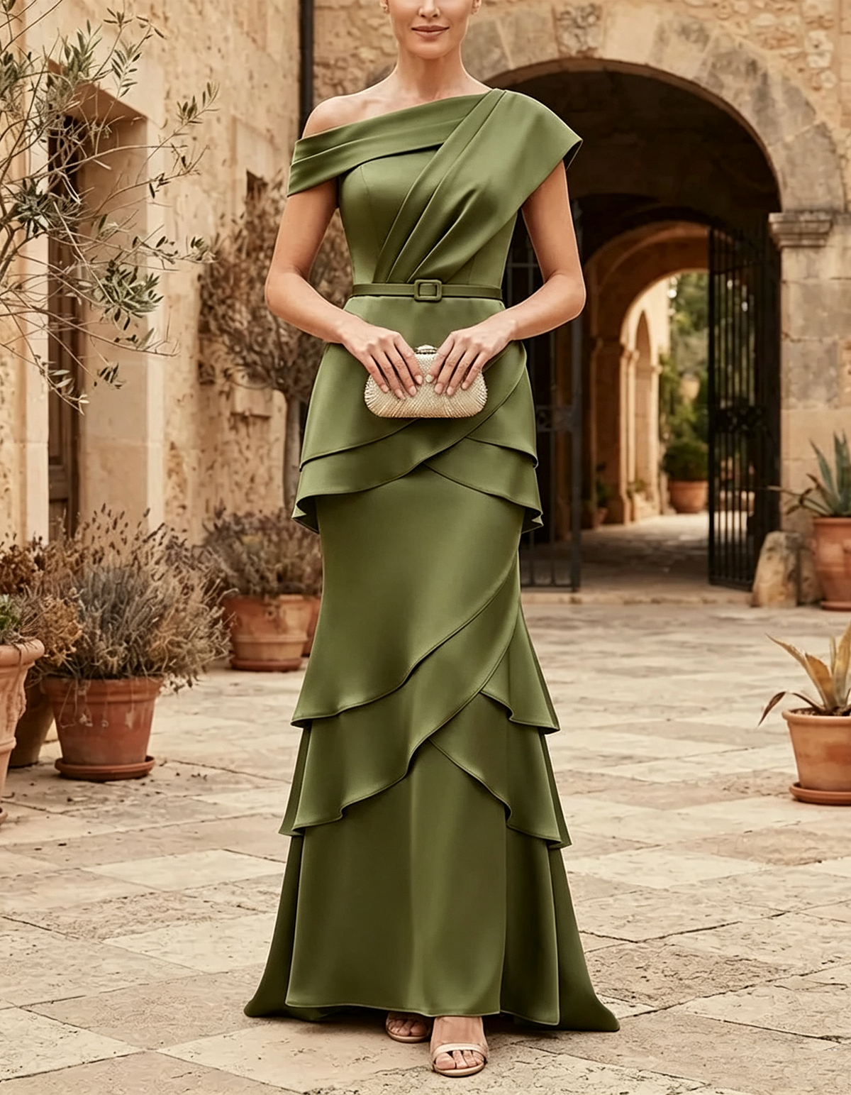 Champagne Asymmetric Off-the-Shoulder Satin Mermaid Maxi Dress