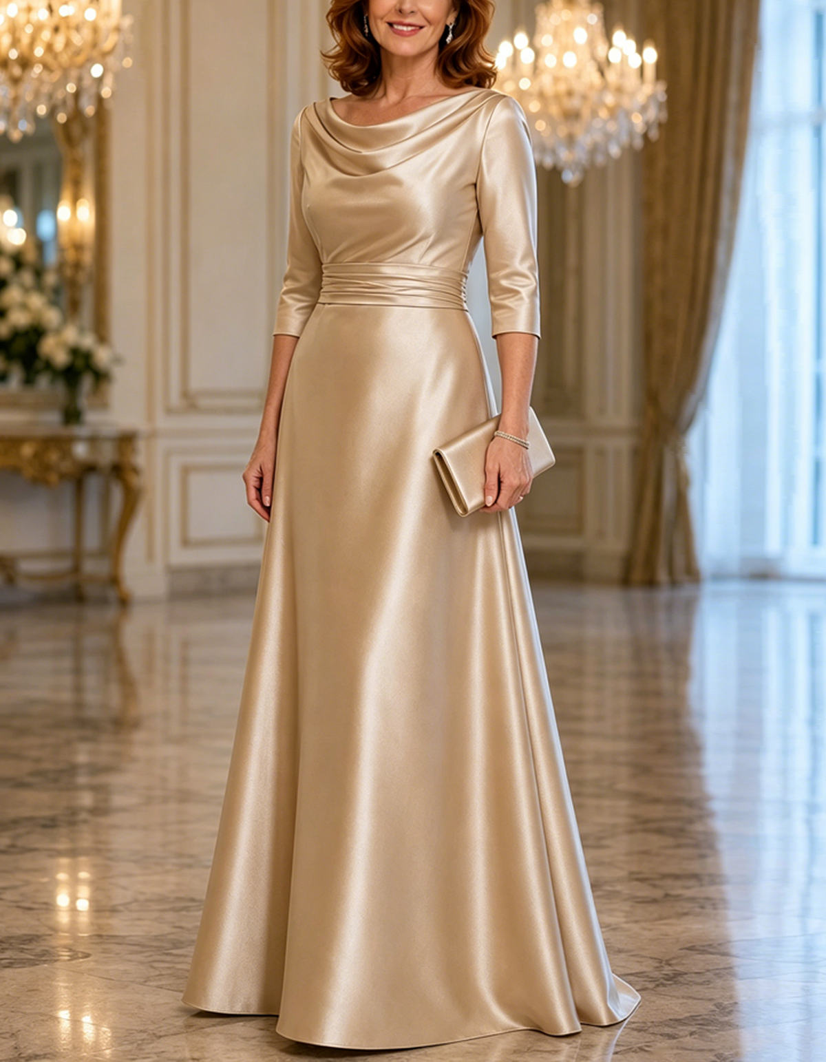 Cowl Neck 3/4 Sleeve Satin Floor Length A-Line Maxi Dress