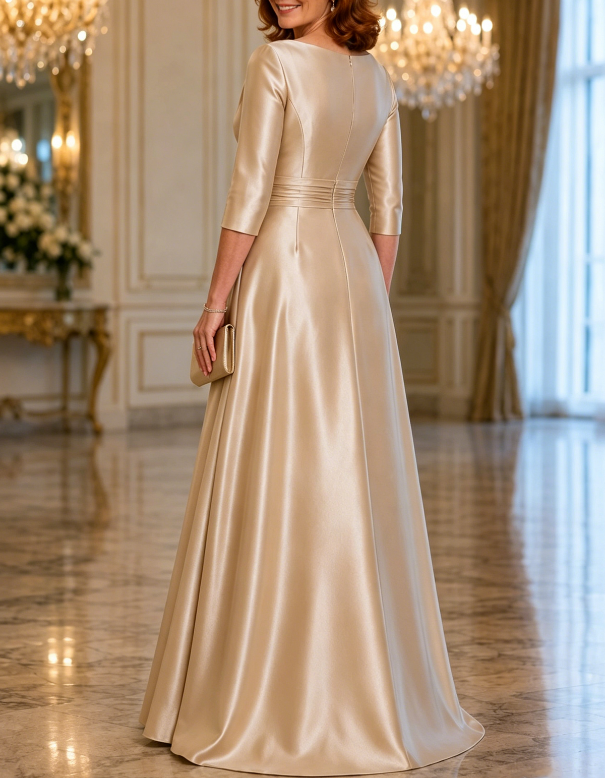 Cowl Neck 3/4 Sleeve Satin Floor Length A-Line Maxi Dress