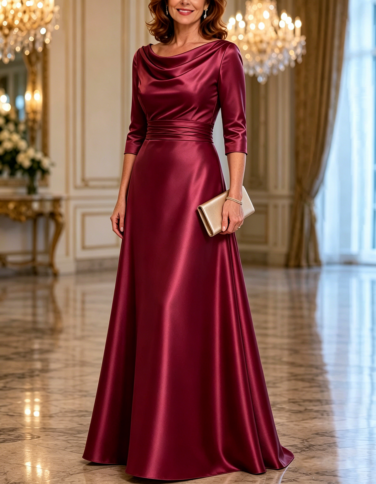 Cowl Neck 3/4 Sleeve Satin Floor Length A-Line Maxi Dress