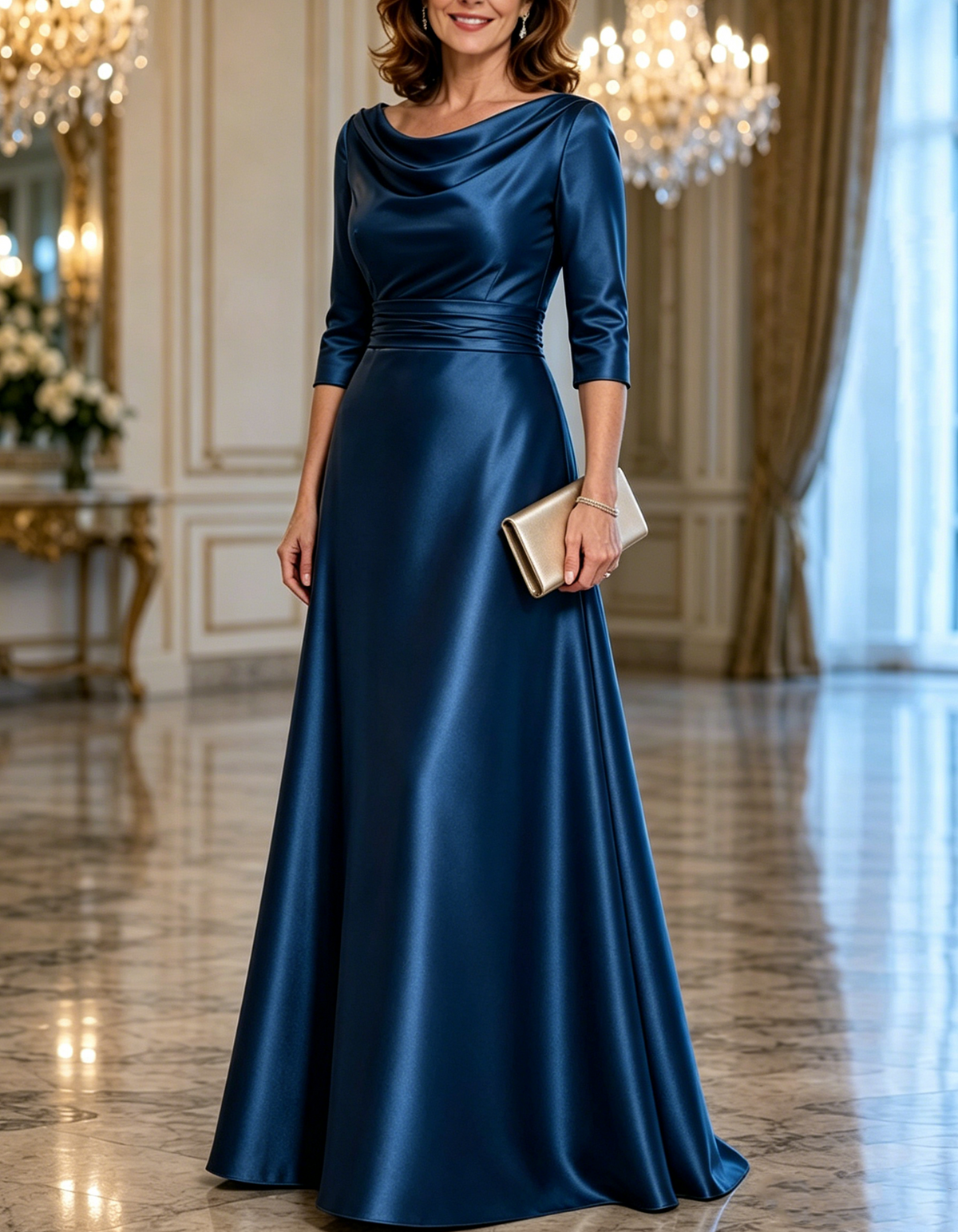 Cowl Neck 3/4 Sleeve Satin Floor Length A-Line Maxi Dress