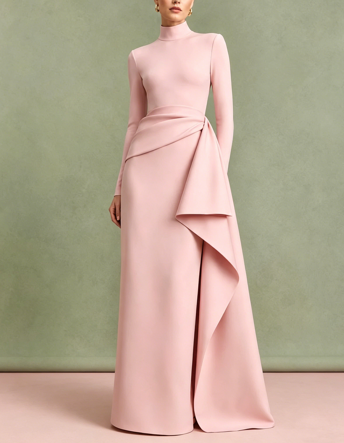 High Neck Long Sleeve Wrap Draped Waist Maxi Dress