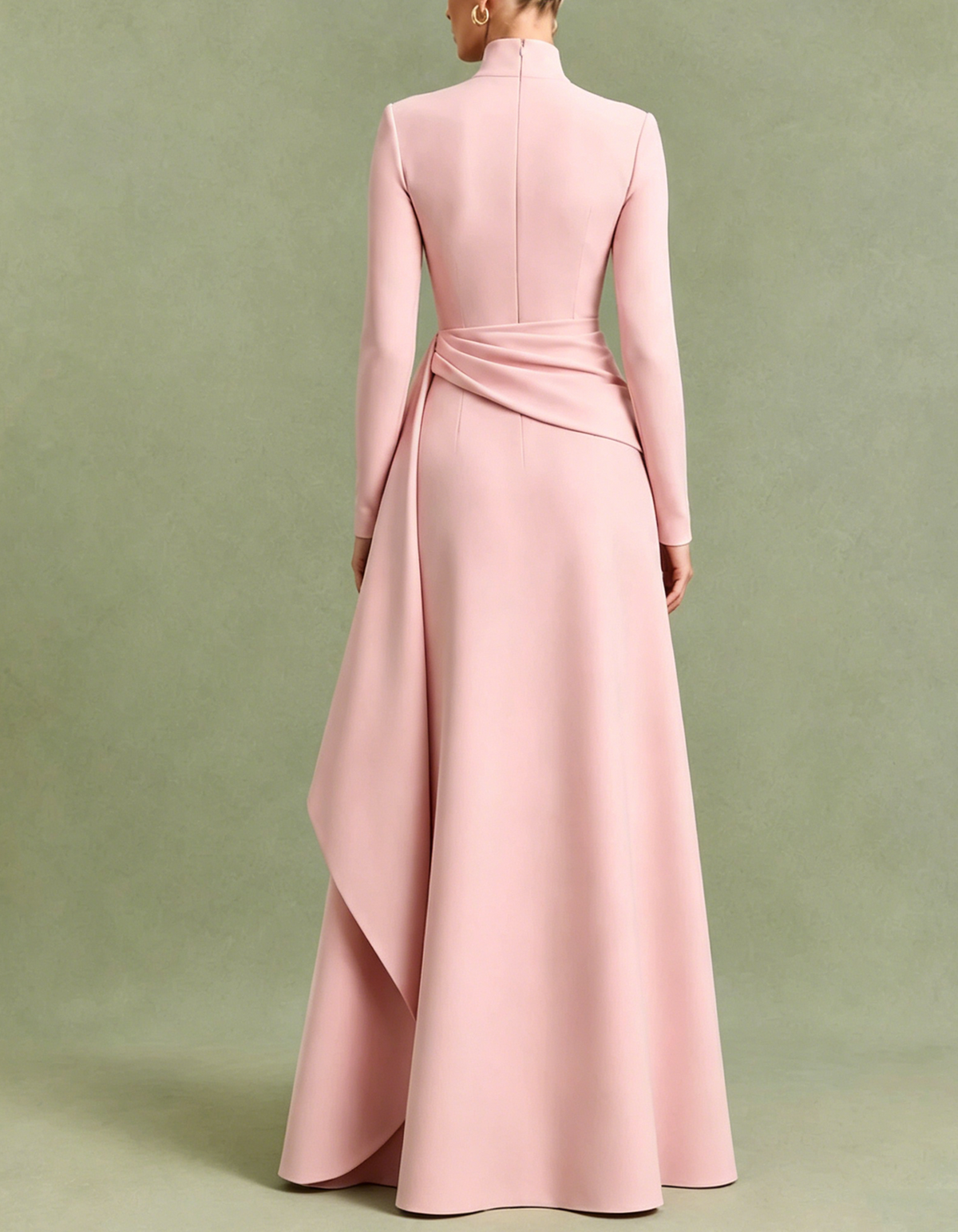 High Neck Long Sleeve Wrap Draped Waist Maxi Dress