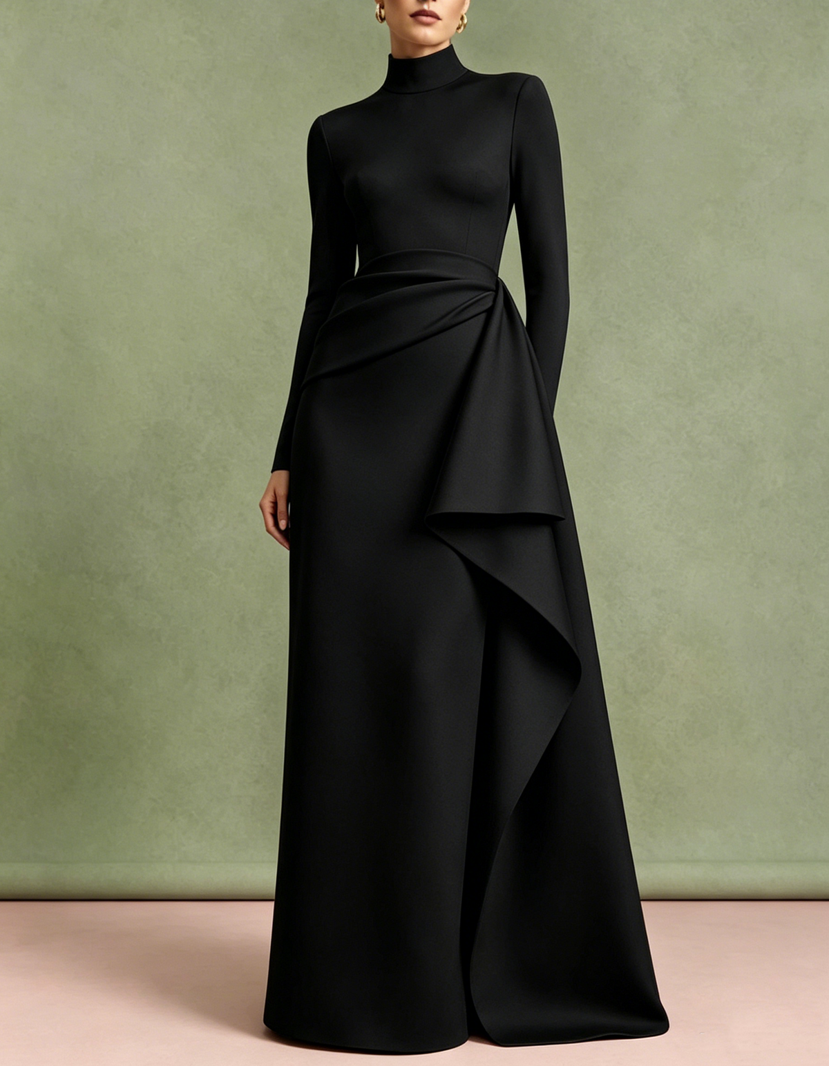 High Neck Long Sleeve Wrap Draped Waist Maxi Dress