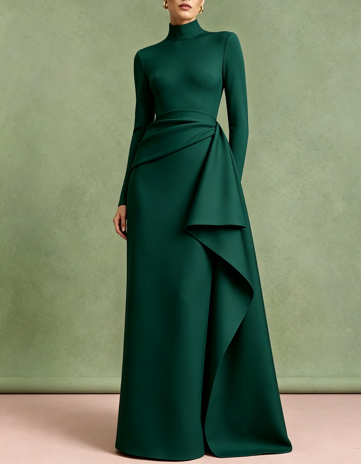 High Neck Long Sleeve Wrap Draped Waist Maxi Dress