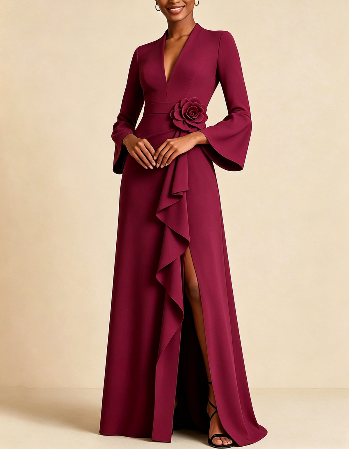 3D Rose Waist Ruffle Deep V Notch Bell Sleeve Maxi Dress