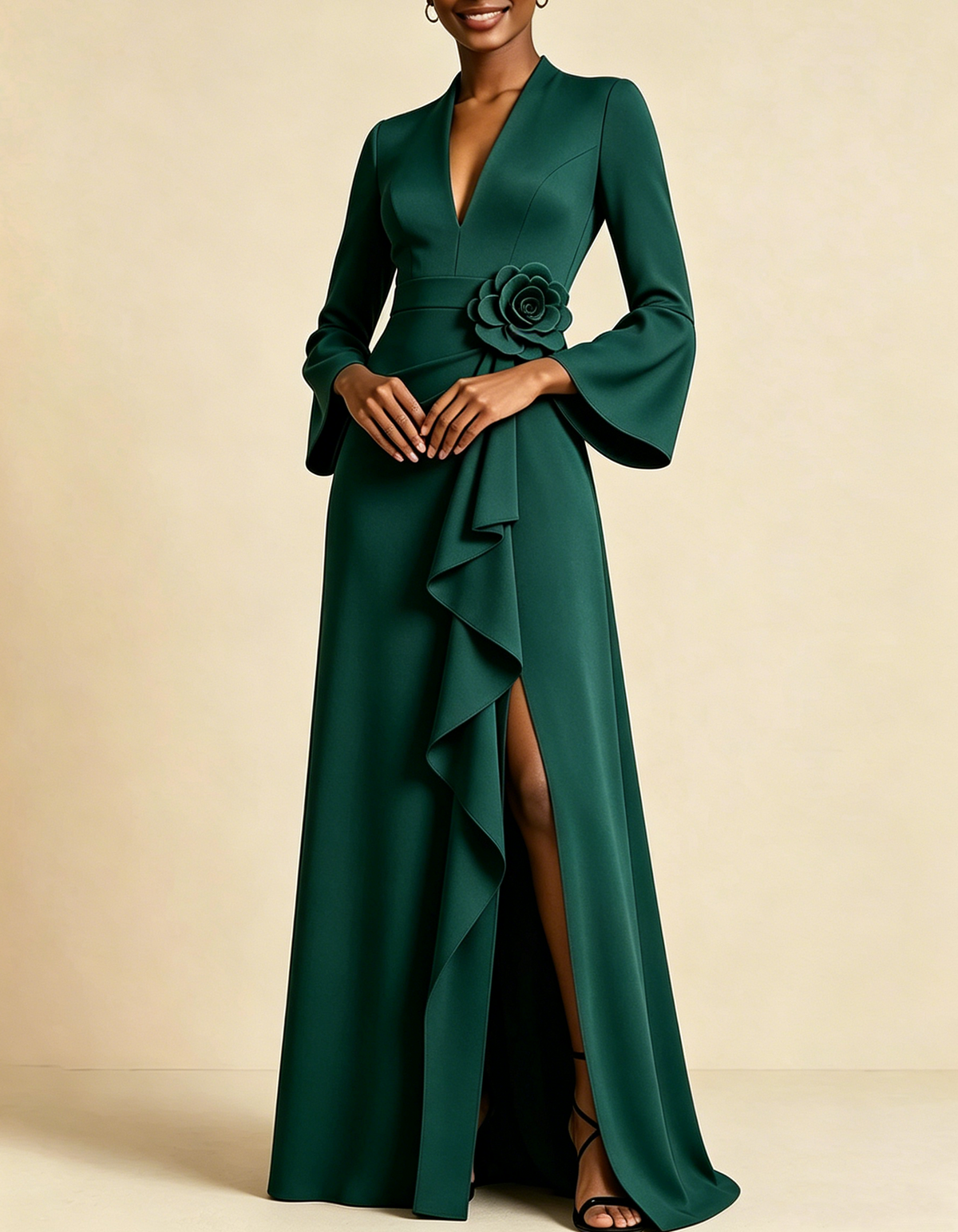 3D Rose Waist Ruffle Deep V Notch Bell Sleeve Maxi Dress