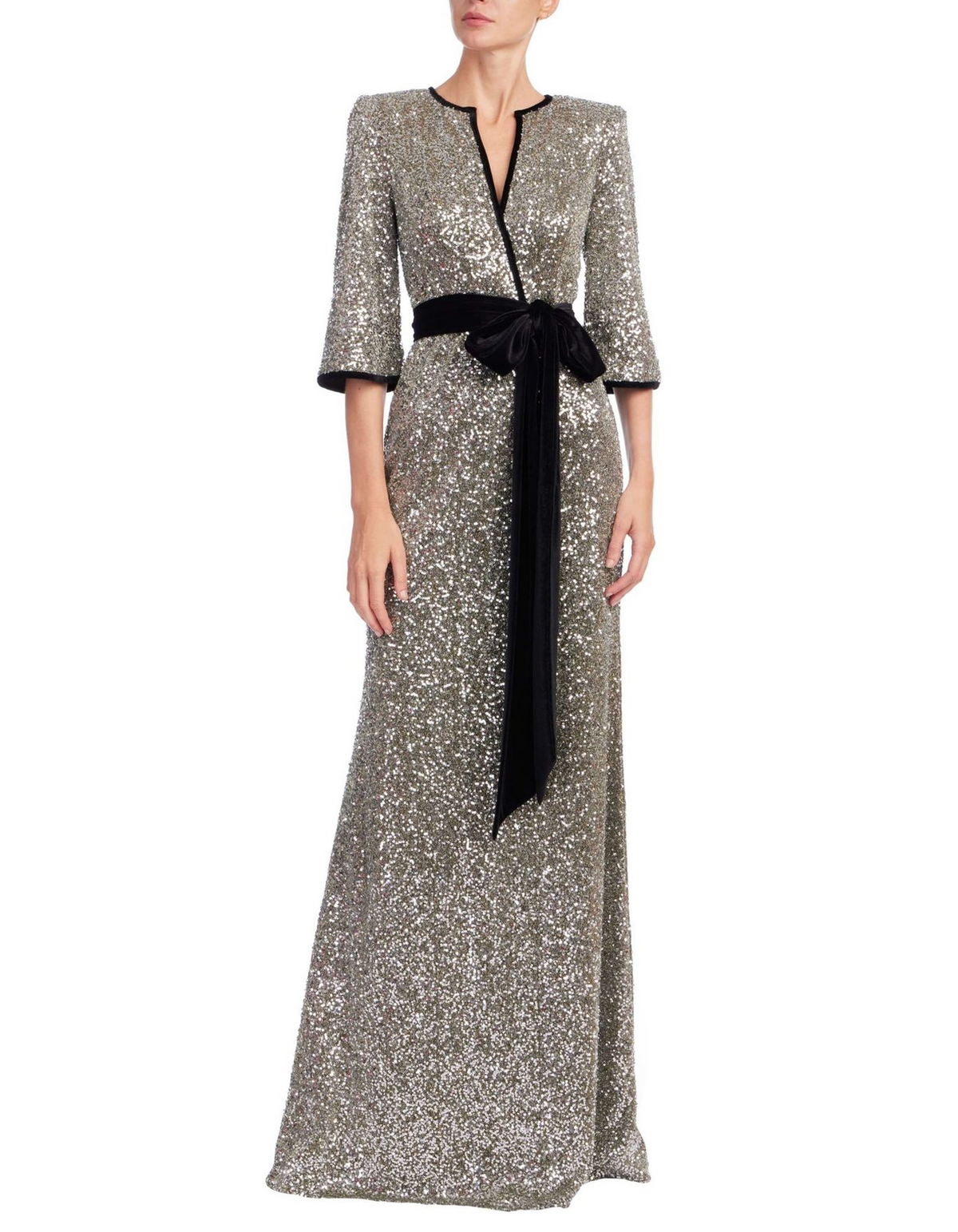 Silver Velvet Trim Wrap V Neck Sequin Maxi Dress