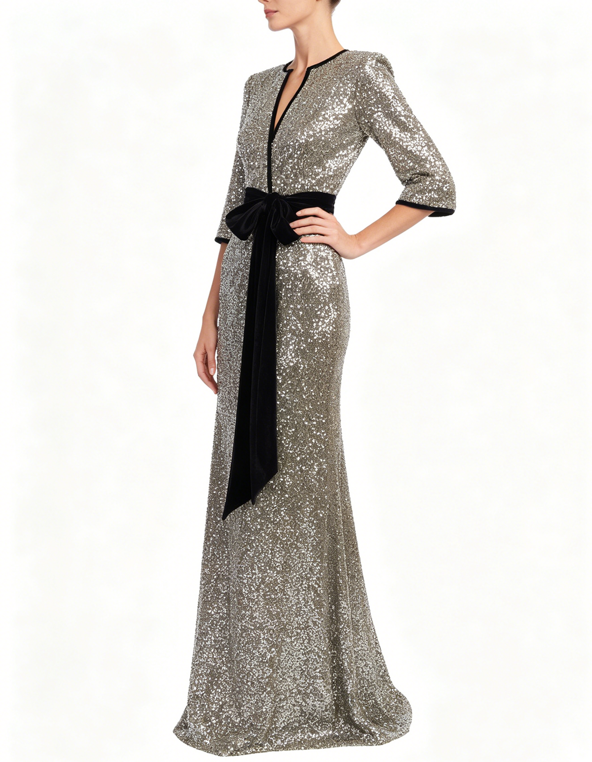 Silver Velvet Trim Wrap V Neck Sequin Maxi Dress
