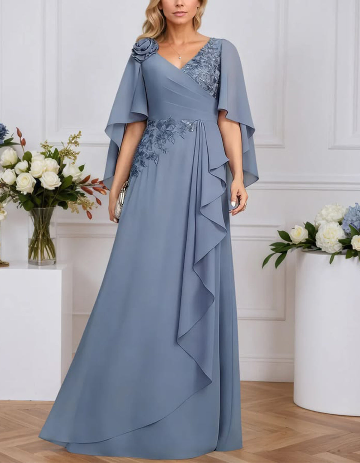 Grey Blue Chiffon V-Neck Maxi Dress