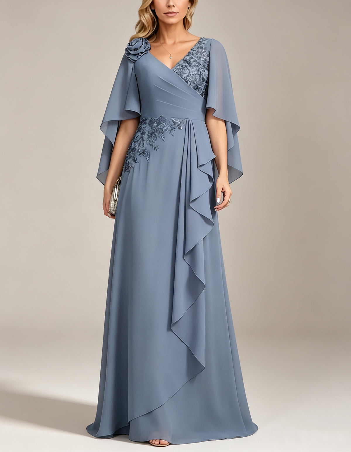 Grey Blue Chiffon V-Neck Maxi Dress