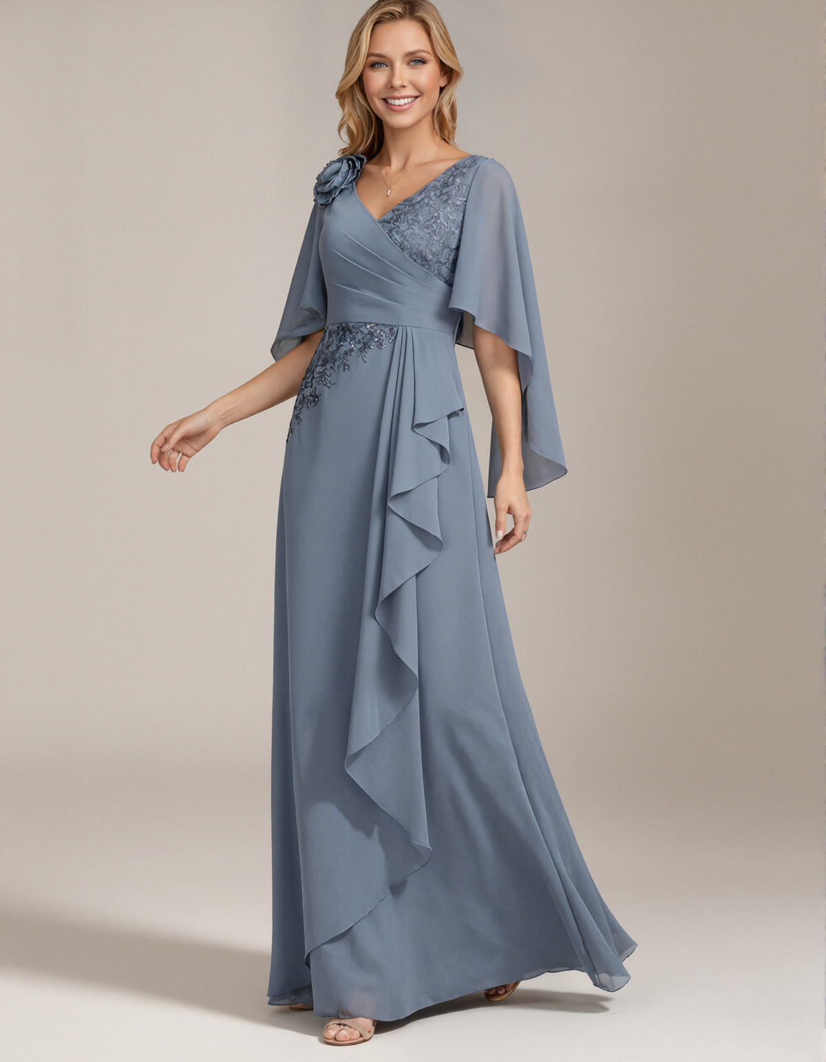 Grey Blue Chiffon V-Neck Maxi Dress