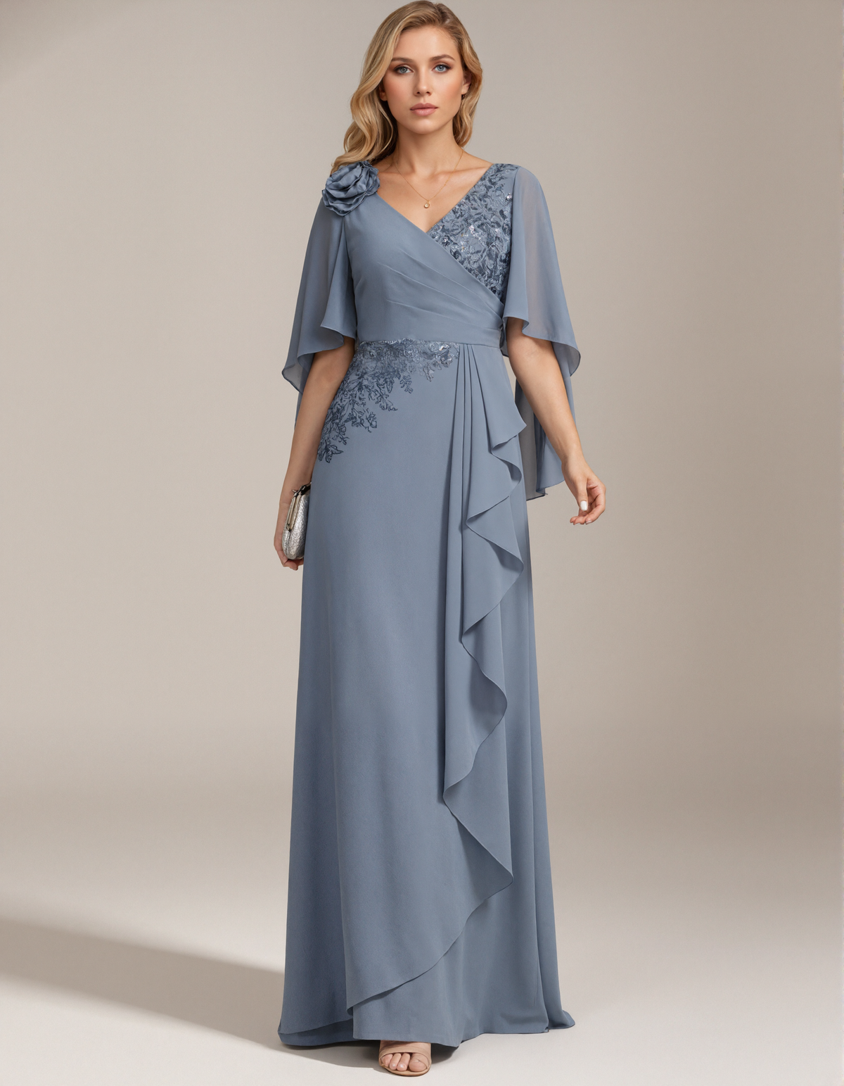 Grey Blue Chiffon V-Neck Maxi Dress