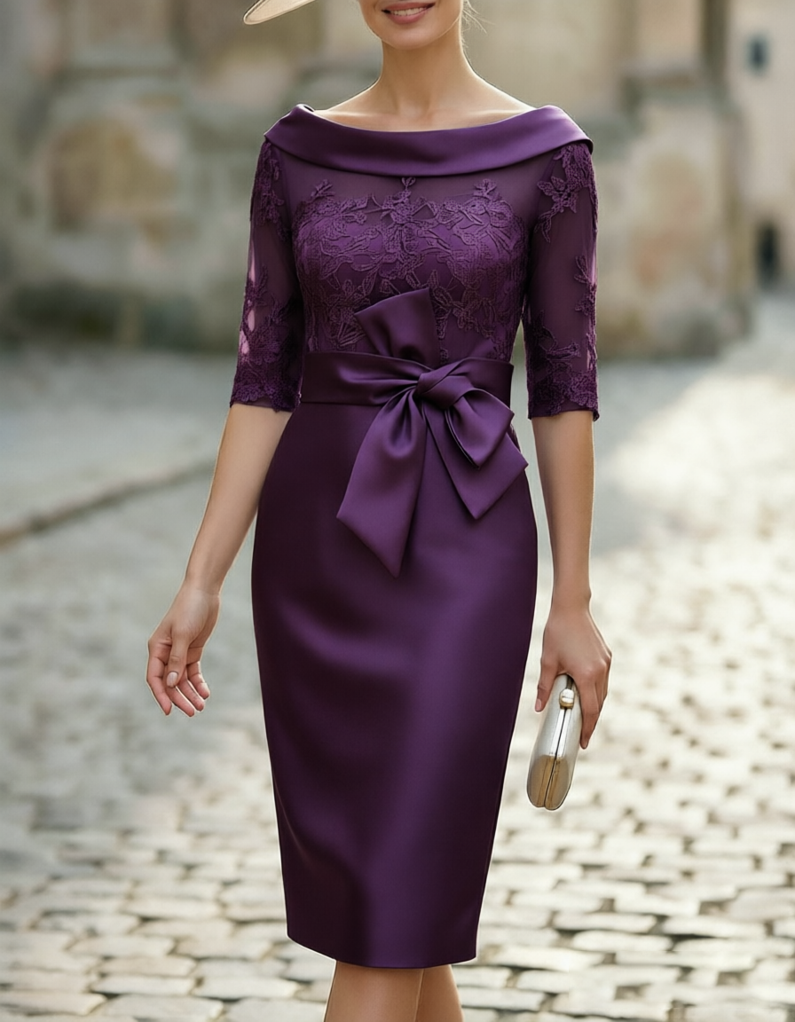 Women's Cowl Collar Lace Embroidery Satin Bow Midi Formal Dress