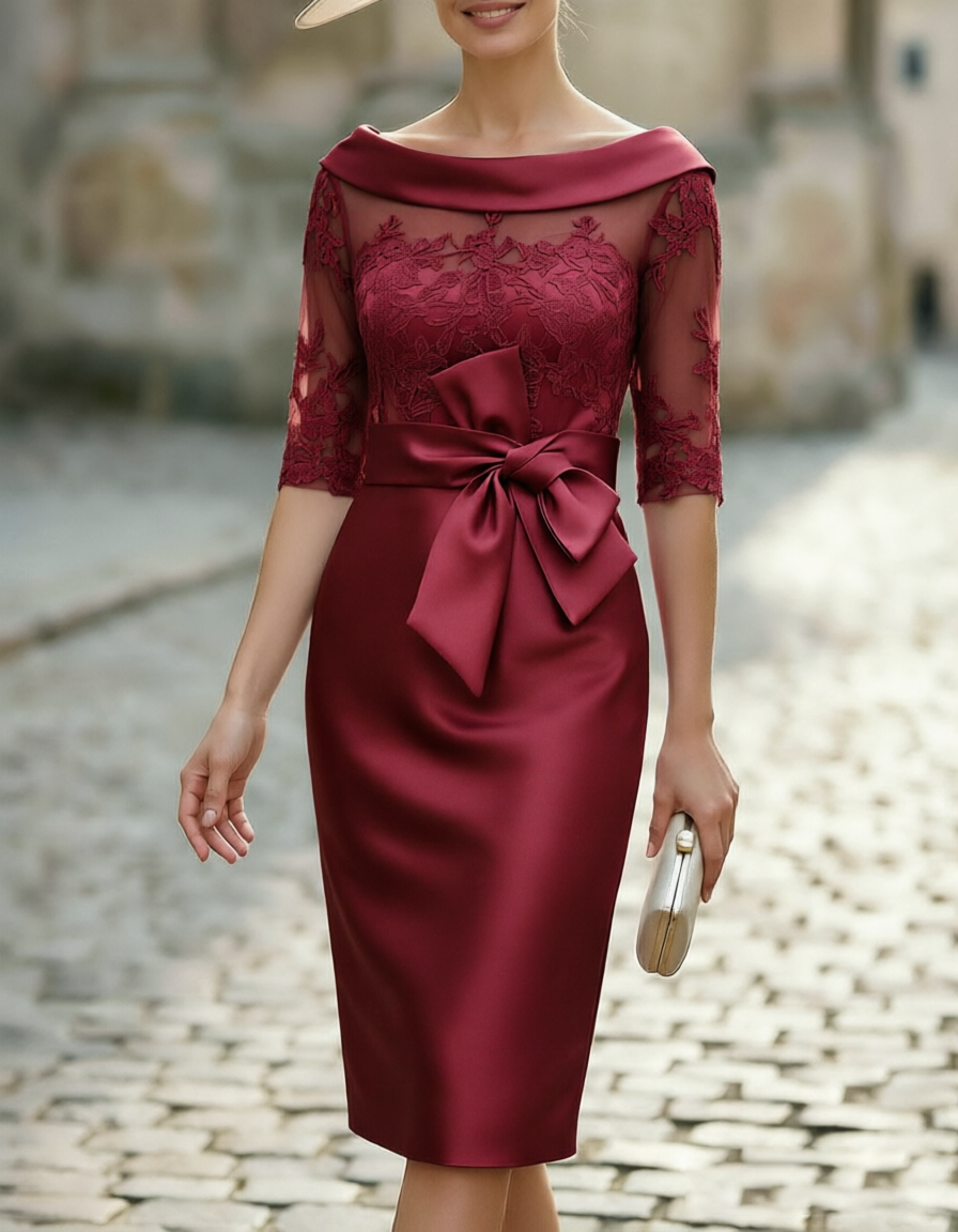 Women's Cowl Collar Lace Embroidery Satin Bow Midi Formal Dress