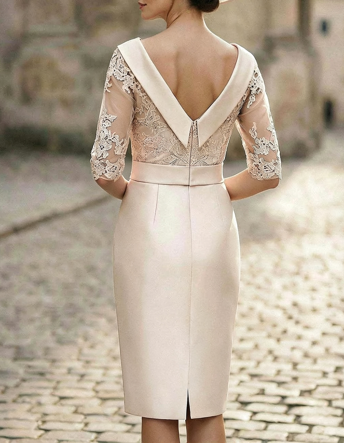 Women's Cowl Collar Lace Embroidery Satin Bow Midi Formal Dress