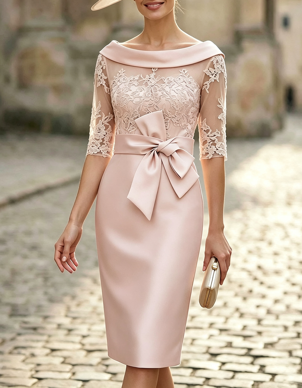Women's Cowl Collar Lace Embroidery Satin Bow Midi Formal Dress