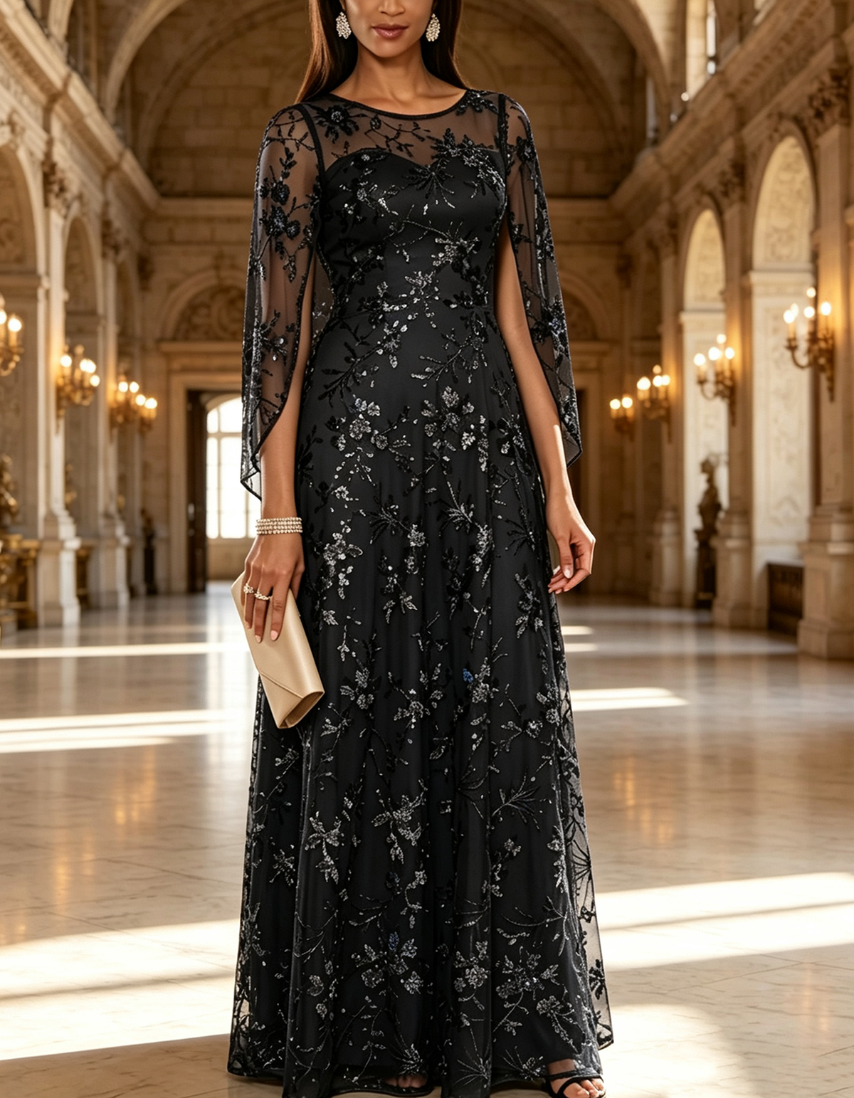 Navy Round-Neck Cape-Sleeve Sequin Floral Tulle Maxi Dress