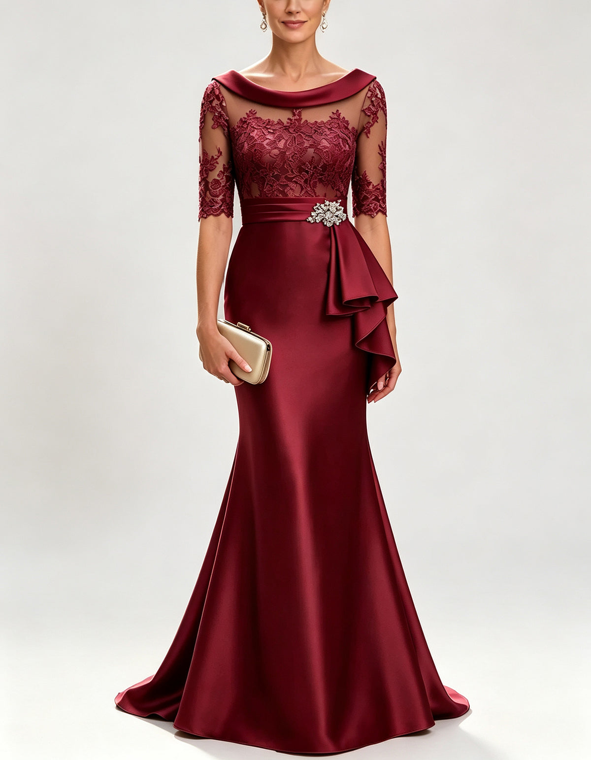 Satin Portrait Collar Illusion Lace Half Sleeve Maxi Dress