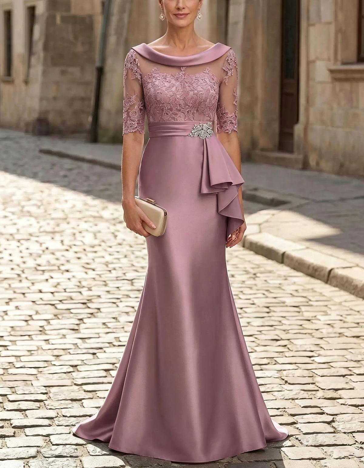 Satin Portrait Collar Illusion Lace Half Sleeve Maxi Dress