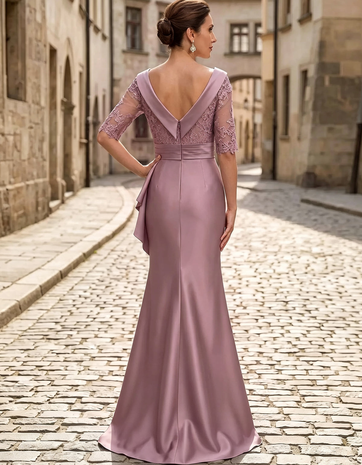 Satin Portrait Collar Illusion Lace Half Sleeve Maxi Dress