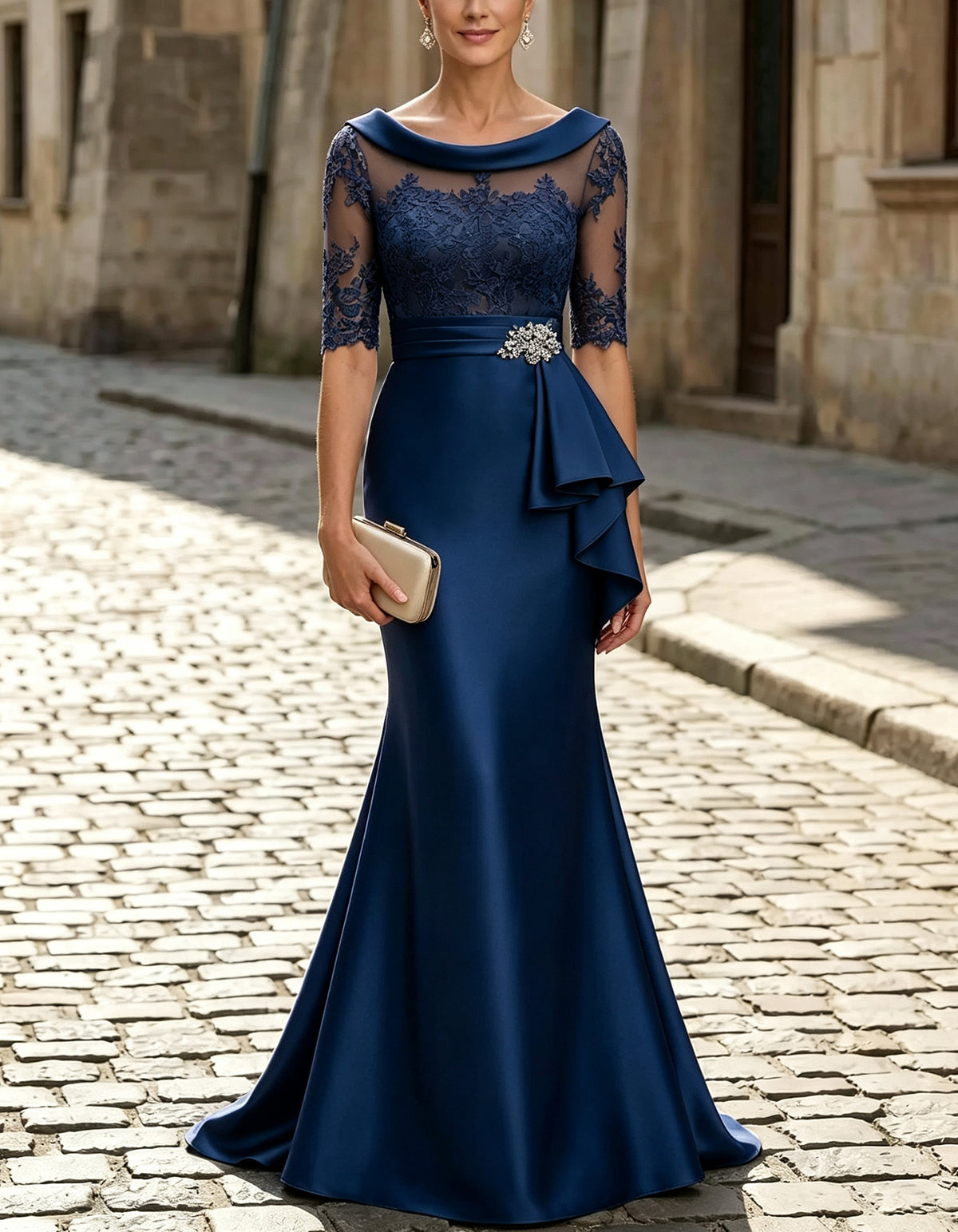Satin Portrait Collar Illusion Lace Half Sleeve Maxi Dress