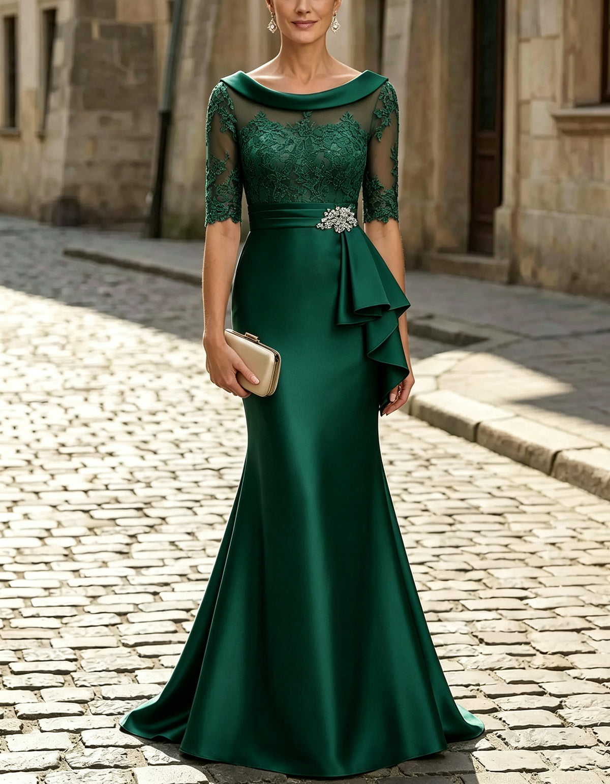 Satin Portrait Collar Illusion Lace Half Sleeve Maxi Dress