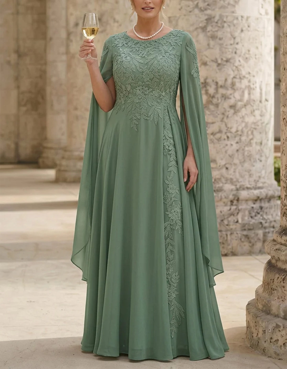 Sage Green Round-Neck Lace Applique Chiffon Maxi Dress