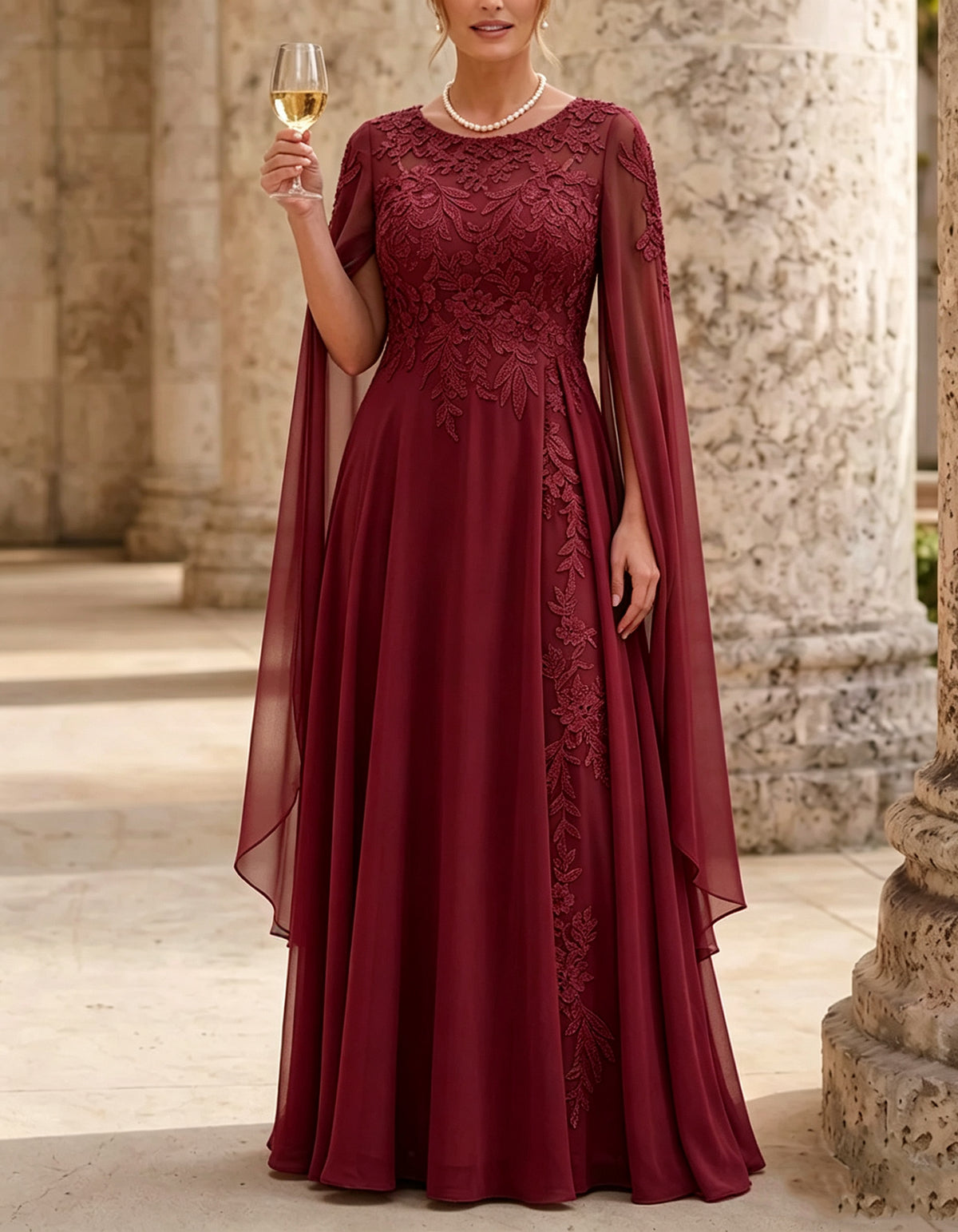 Sage Green Round-Neck Lace Applique Chiffon Maxi Dress